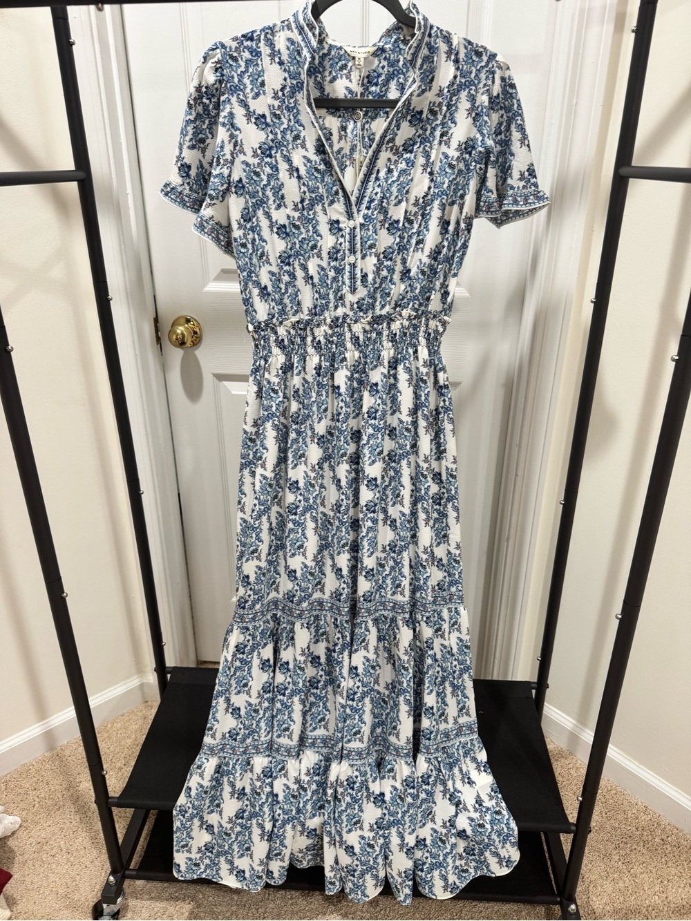 Max Studio White and Blue Floral Maxi Dress with Smocked Waist